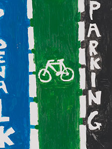 Letrero que representa carril bici, carriles de tráfico y carril peatonal