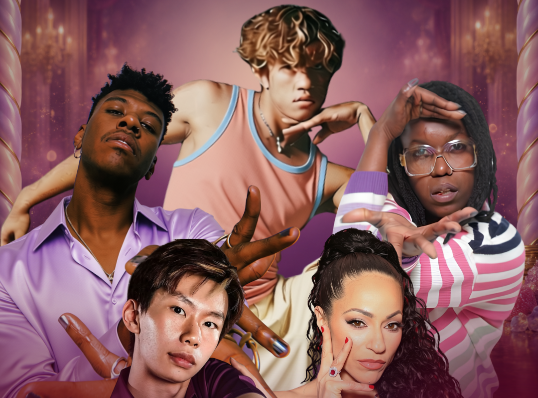 Five headshots of the Sugar Plum Ball judges against a pink background