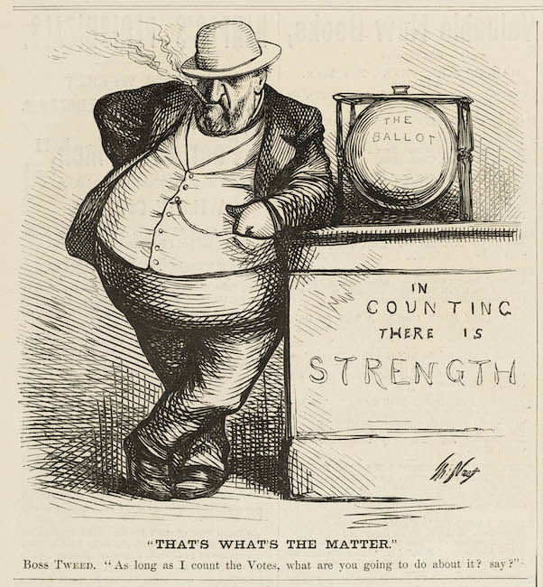 Engraving of political cartoon drawn by Thomas Nast. “Boss” Tweed leans on a ballot box, which sits on a stand that bears the inscription: “In counting there is strength.”