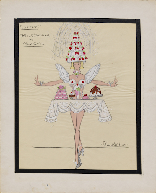 Hand-drawn sketch of a woman dressed as a suggestive table of desserts, wearing a six tiered strawberry cake on her head.