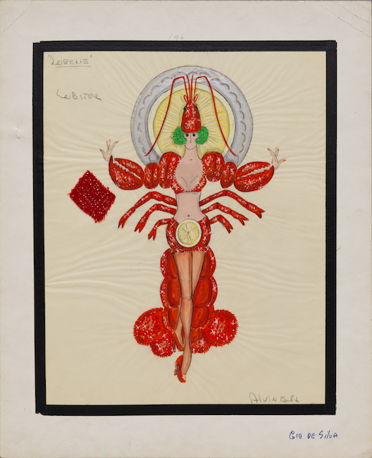 Boceto dibujado a mano. Diseño de vestuario que representa a una chica del espectáculo con un disfraz de langosta con limones. Muestra de tela roja metalizada adjunta.