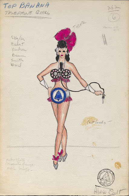 Sketch of a woman dressed in a suggestive switchboard operator costume, including a rotary bra. 