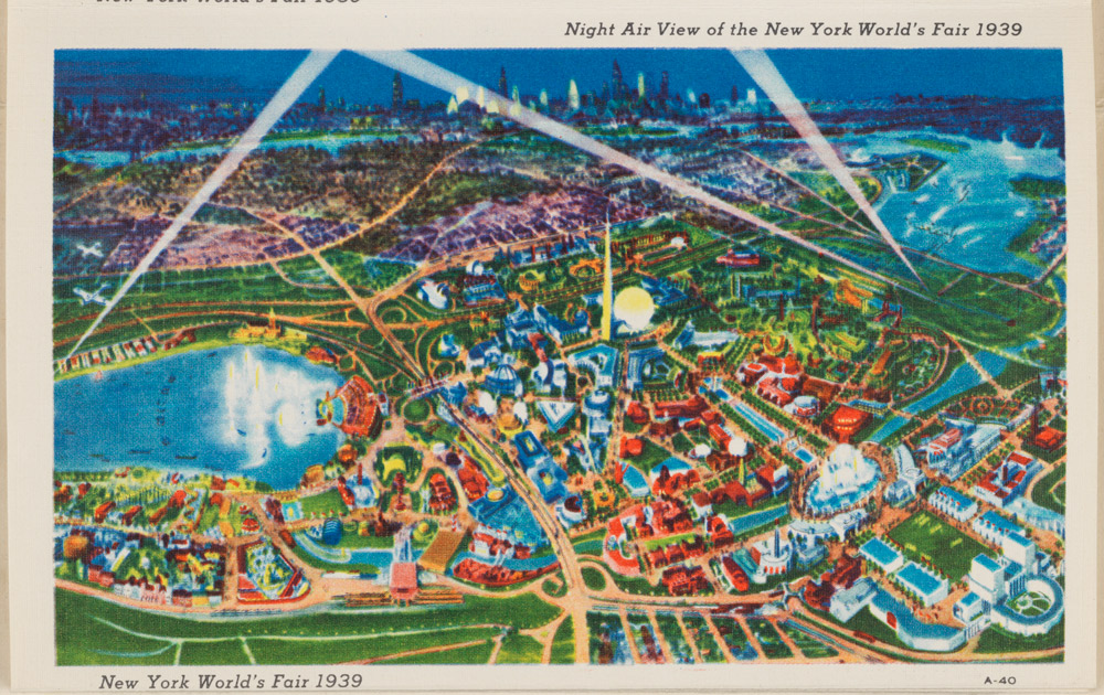 Vista aérea nocturna de la postal de la Feria Mundial de Nueva York de 1939