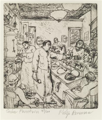 : Black and white print of employees and customers at a soda fountain.