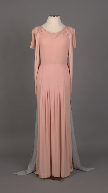 Concert gown in pale peach and powder blue synthetic satin-back crepe