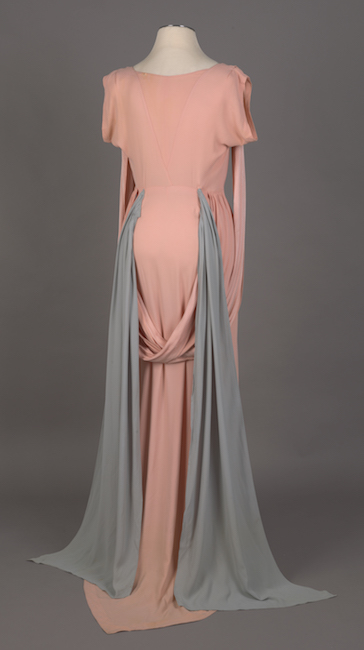 Concert gown in pale peach and powder blue synthetic satin-back crepe. (Back view)