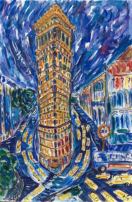 Watercolor by Jessica Daryl Winer of taxicabs driving around the Flatiron Building.