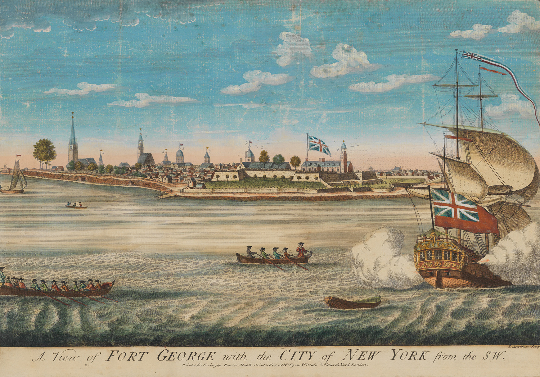 An engraving showing a ship sailing near Fort George
