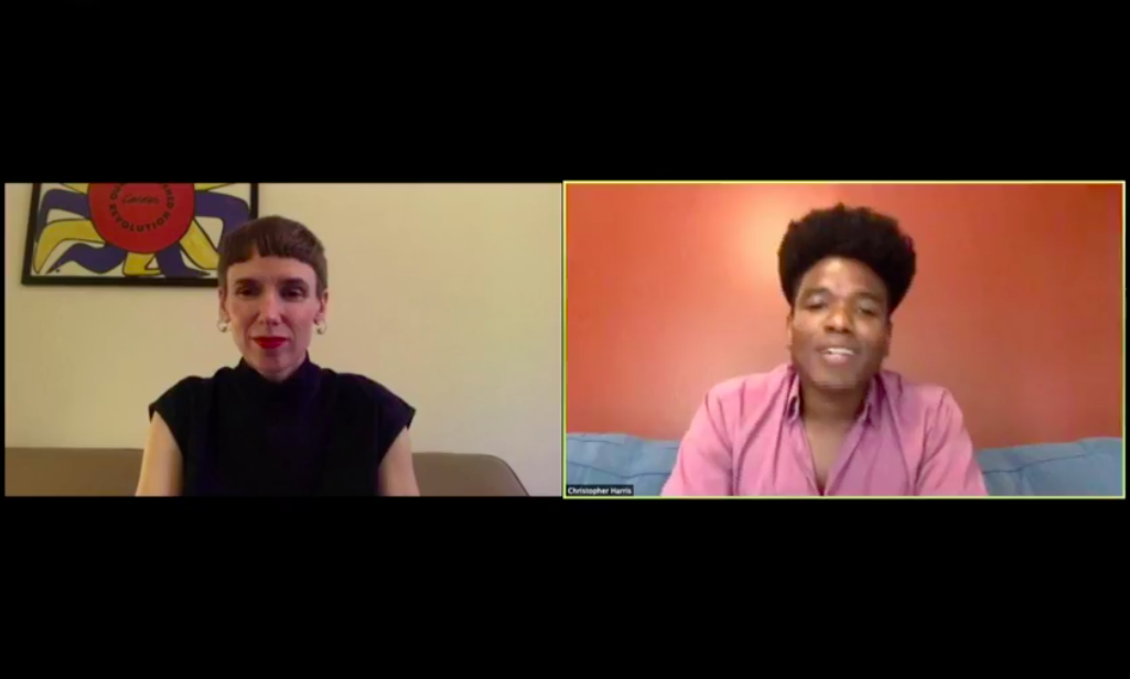 来自 Activist New York 的虚拟程序的屏幕截图，显示策展人 Sarah Seidman（左）和 Chris Harris（右）。