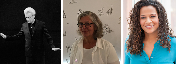 Disparo en la cabeza de David Byrne (fotografía en blanco y negro); Maira Kalman disparo a la cabeza, Alison Stewart disparo a la cabeza