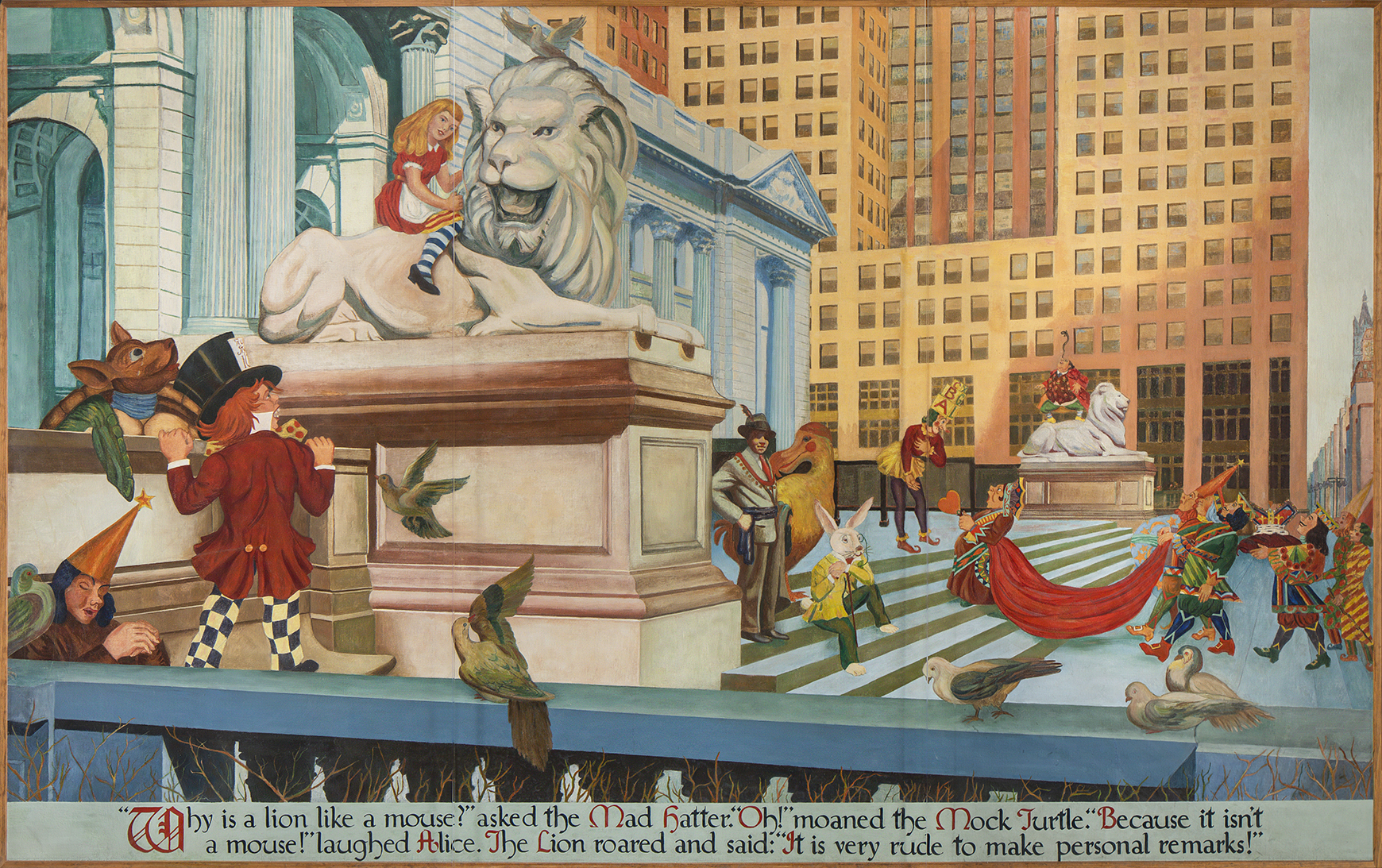 A painting depicting characters from Alice in Wonderland exploring the exterior of the New York Public Library