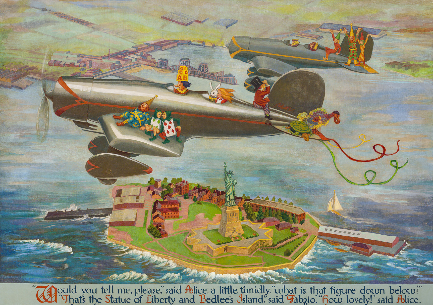 Characters from Lewis Carroll’s Alice in Wonderland flying in an airplane above the Statue of Liberty