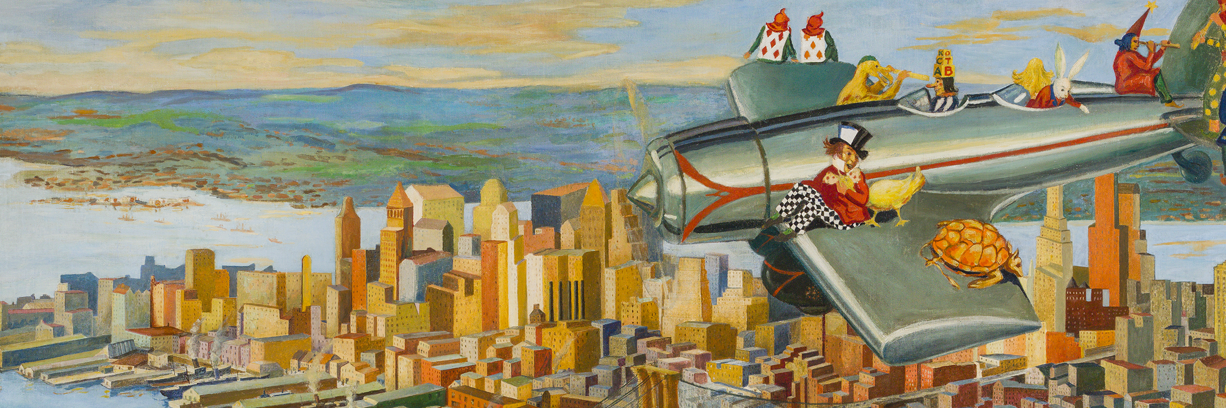 Characters from Alice in Wonderland flying over Manhattan in a small airplane