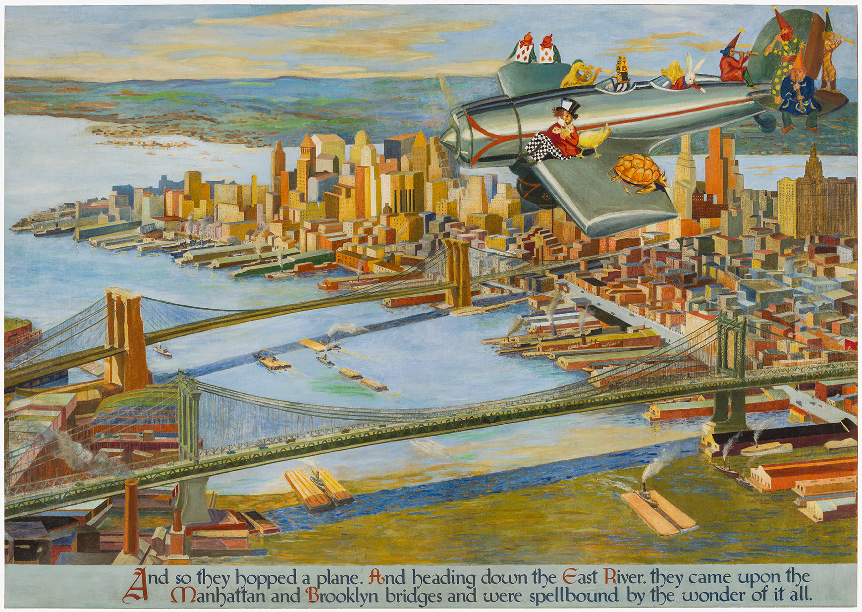 Characters from Alice in Wonderland flying over Manhattan in a small airplane