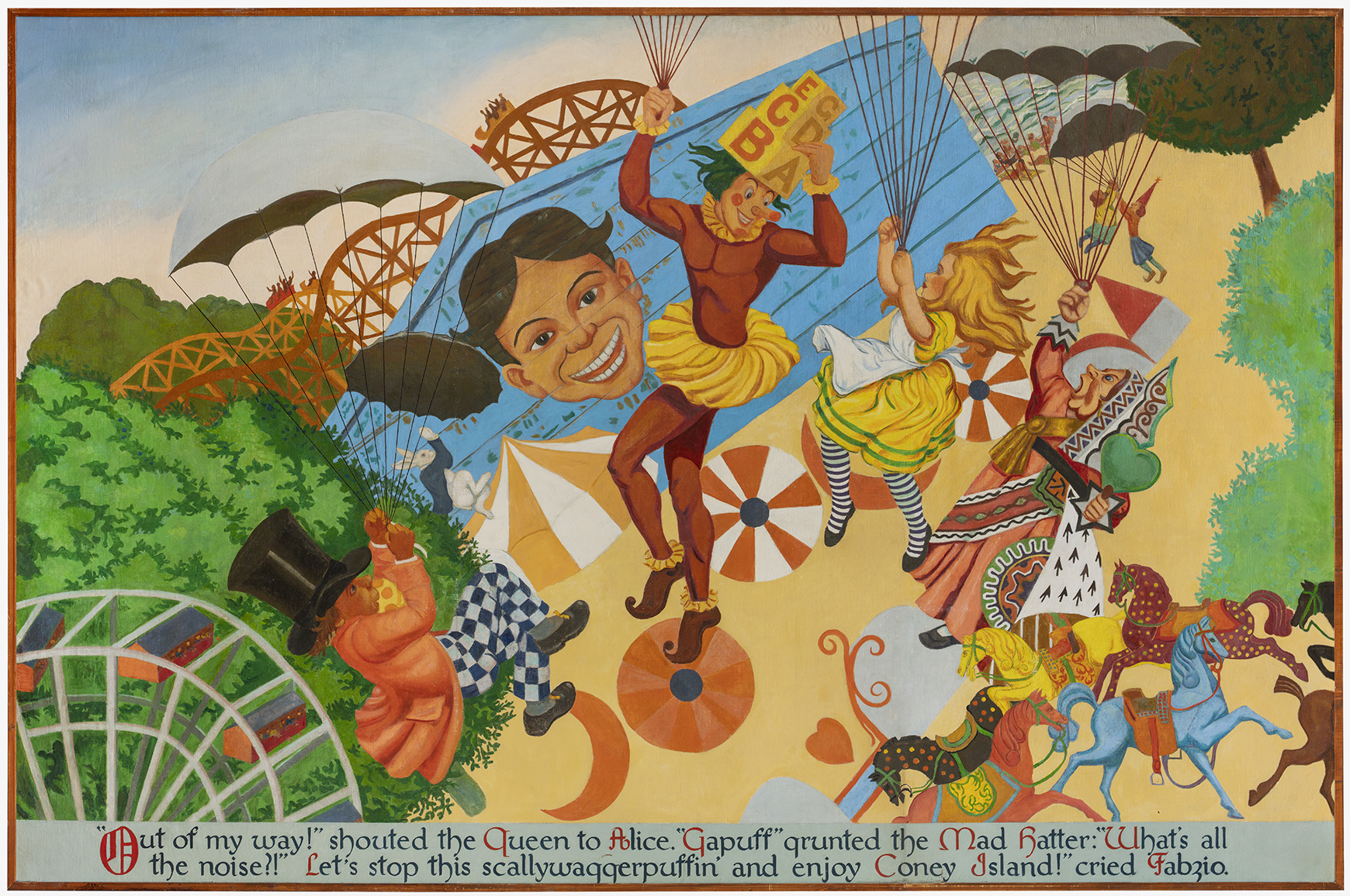 A colorful artwork of multiple characters flying parachutes with an amusement park backdrop