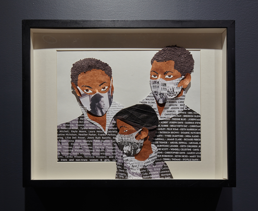 A paper relief sculpture collage of three boys of color wearing face masks that each show a moment of civil rights activism. On their shirts are the names of those who died fighting for their rights.