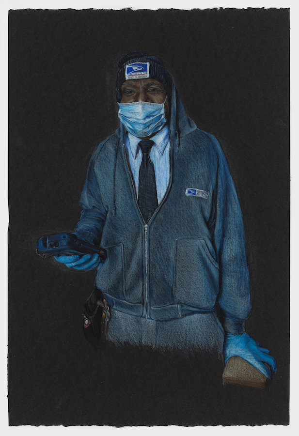 A colored-pencil drawing of a man in a postal worker's knit hat and hoodie over a button-down shirt and tie stands holding a package and scanner. He is also wearing blue rubber gloves and a face mask. 