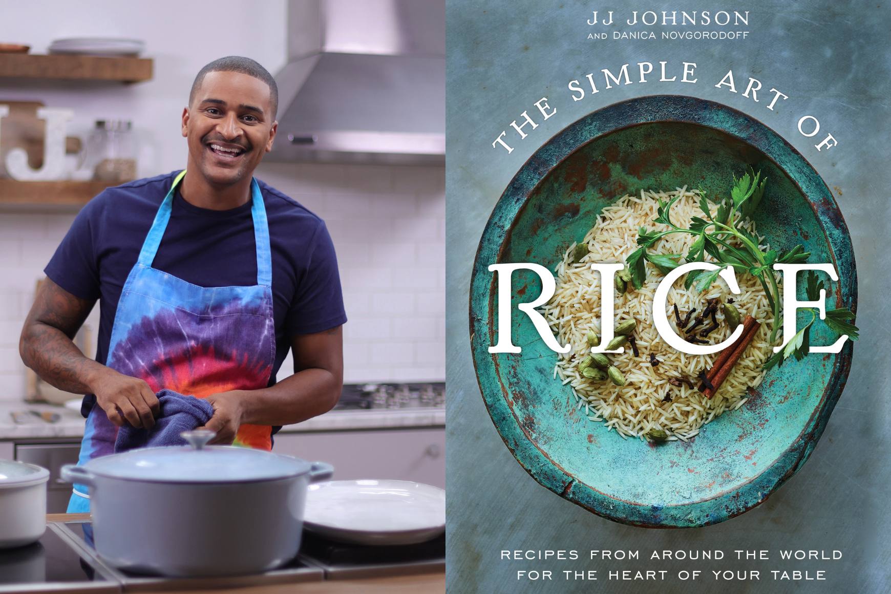 虹色の絞り染めのエプロンを着てキッチンで笑顔で立っているシェフ JJ の写真の横にあるブックアート「The Simple Art of Rice」のコラージュ。