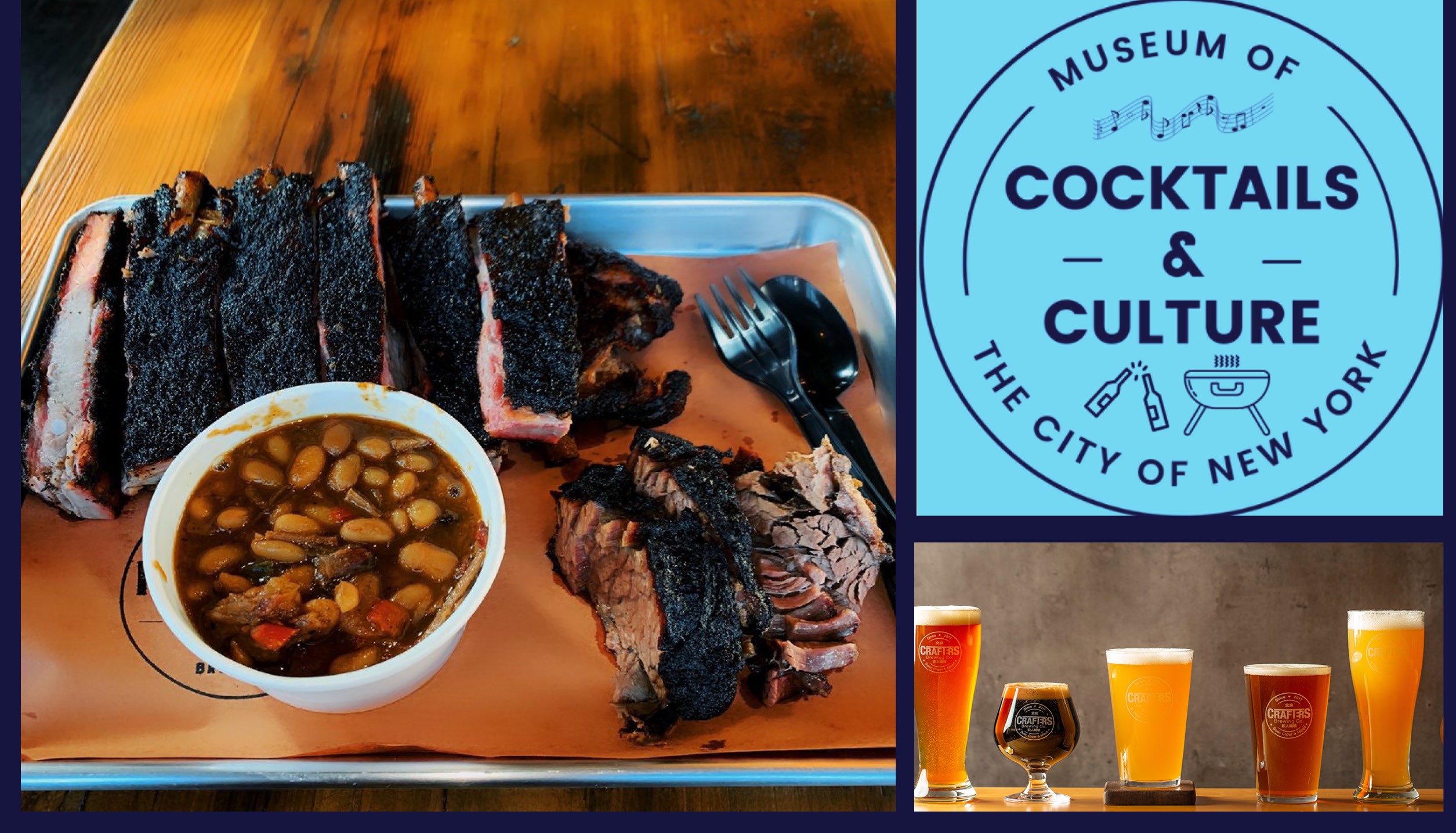 Un collage de imágenes que representan un plato de BBQ, una fila de cervezas de diferentes tamaños y el logo de Cocktails & Culture en azul.