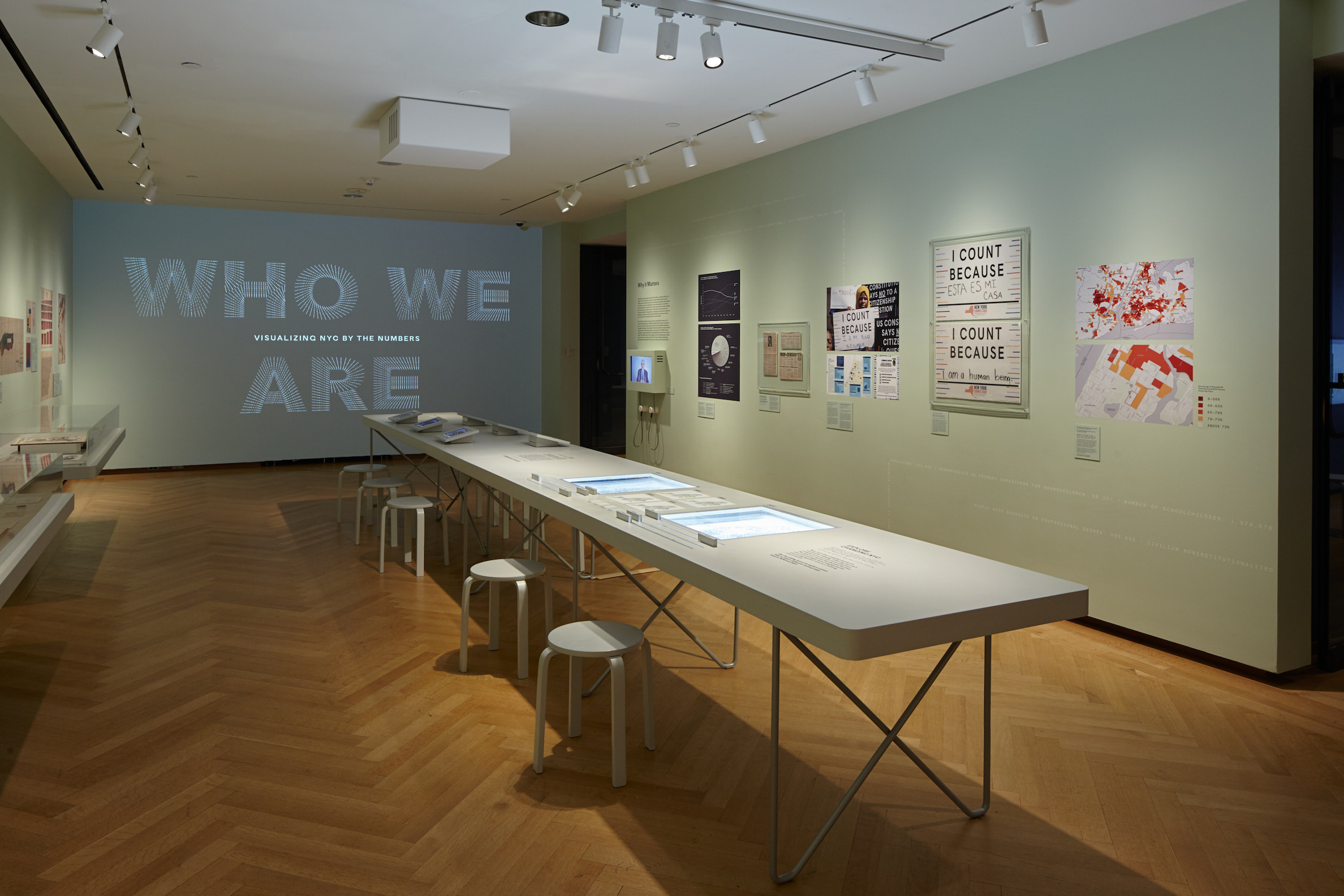 Installation view of Who We Are: Visualizing NYC by the Numbers.