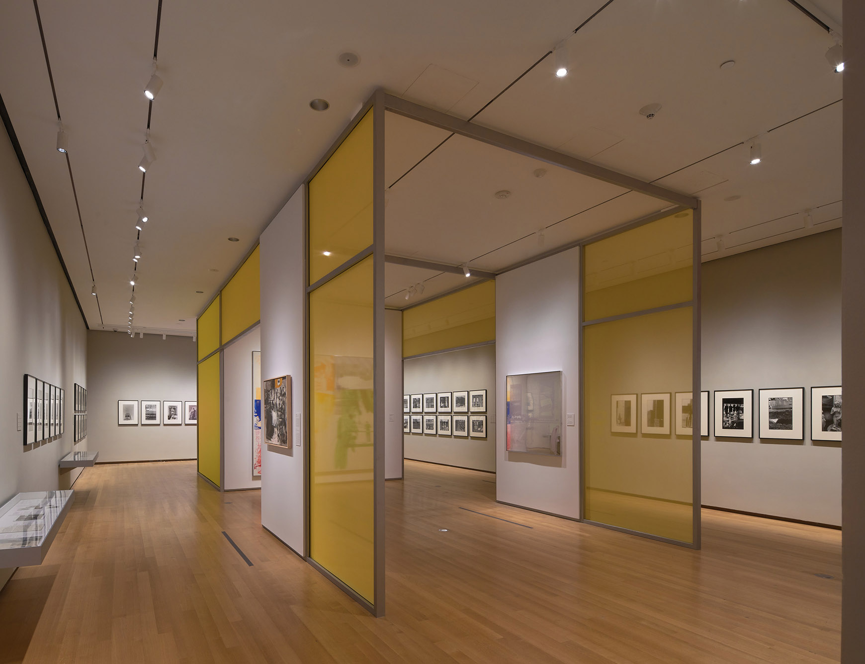 Installation of Robert Rauschenberg’s New York with yellow walls surrounded by photographs