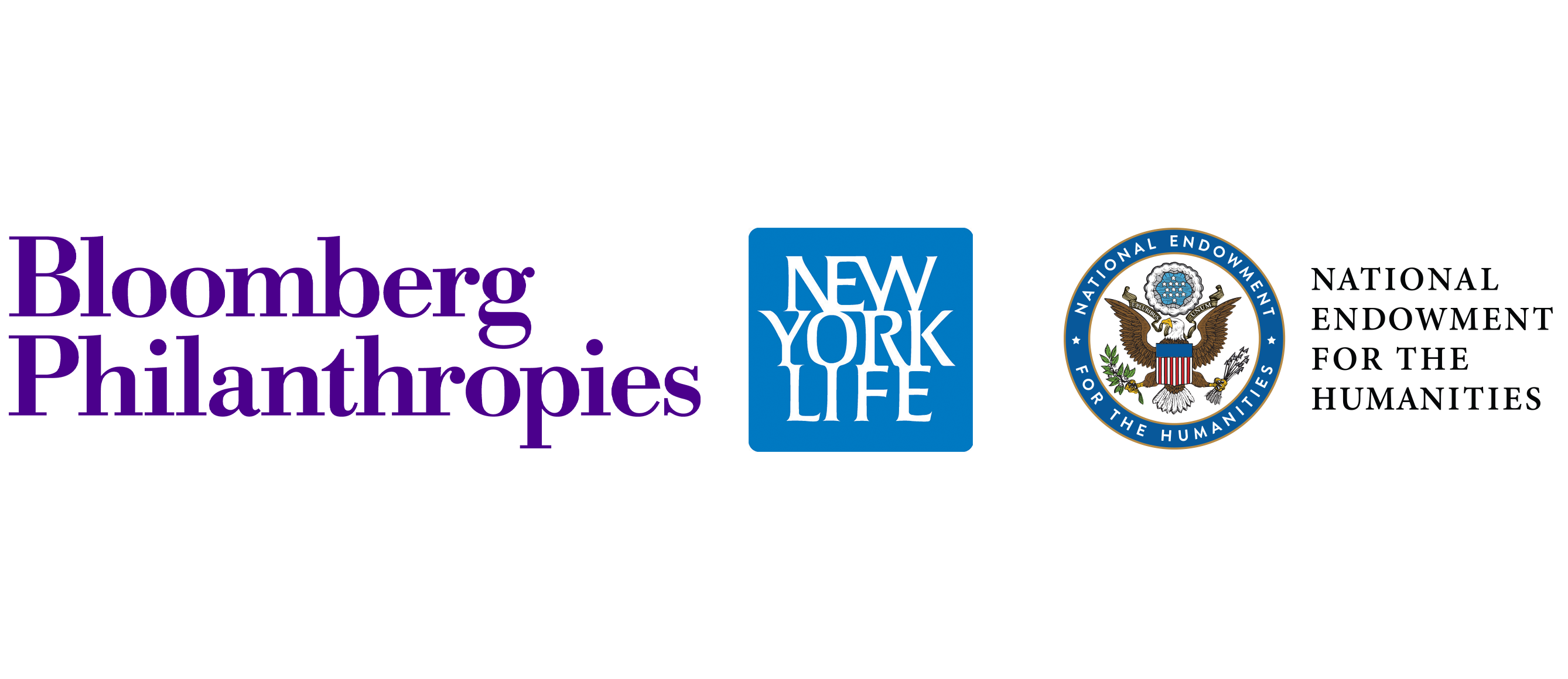 Logotipos da Bloomberg Philanthropies, New York Life e National Endowment for the Humanities.