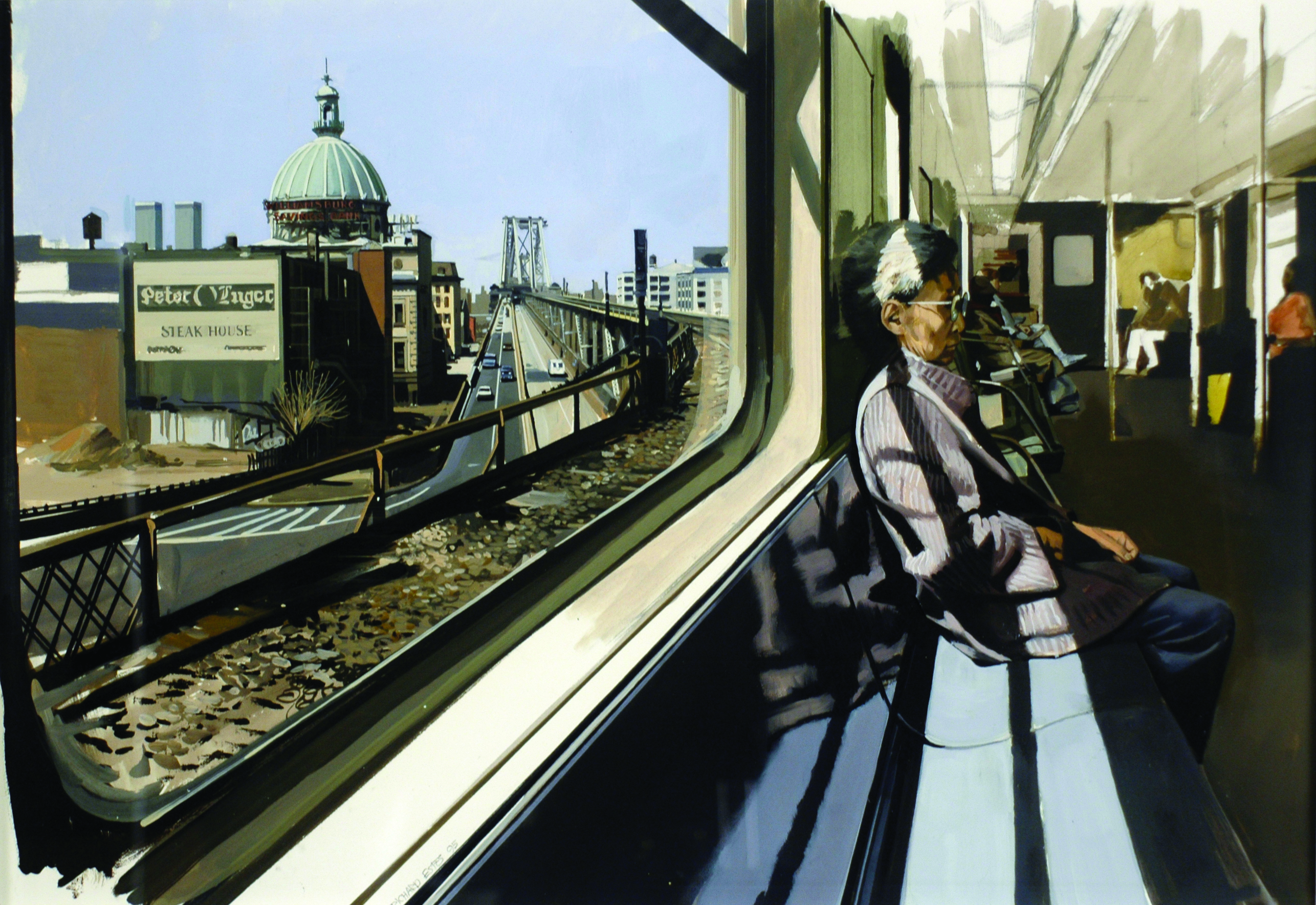 Painting of person sitting on M Train going over the Williamsburg Bridge
