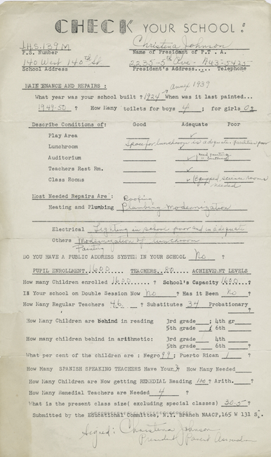 A questionnaire created in the 1950s by Ella Baker and the NAACP that was used to identify racial inequalities within New York City public schools.