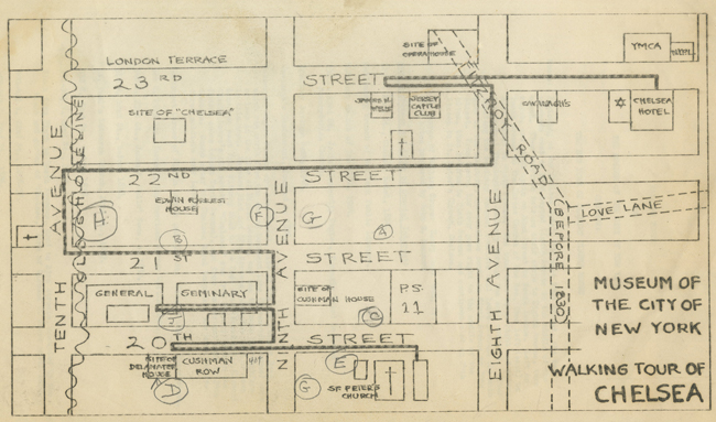 8 번가와 10 번가와 20 번가와 23 번가 사이의 하이라이트를 보여주는 첼시 도보 여행의 손으로 그린지도.