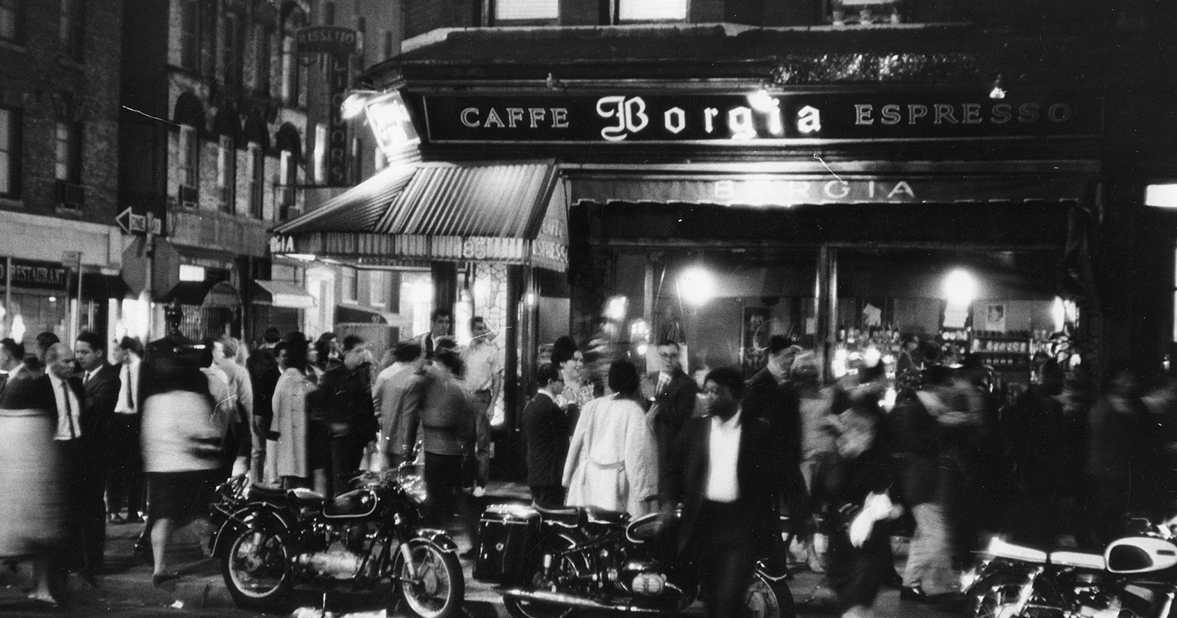 Fred W. McDarrah, "Outside the Caffe Borgia, at MacDougal and Bleecker Streets," 1966. Photo © Estate of Fred W. McDarrah. All Rights Reserved.