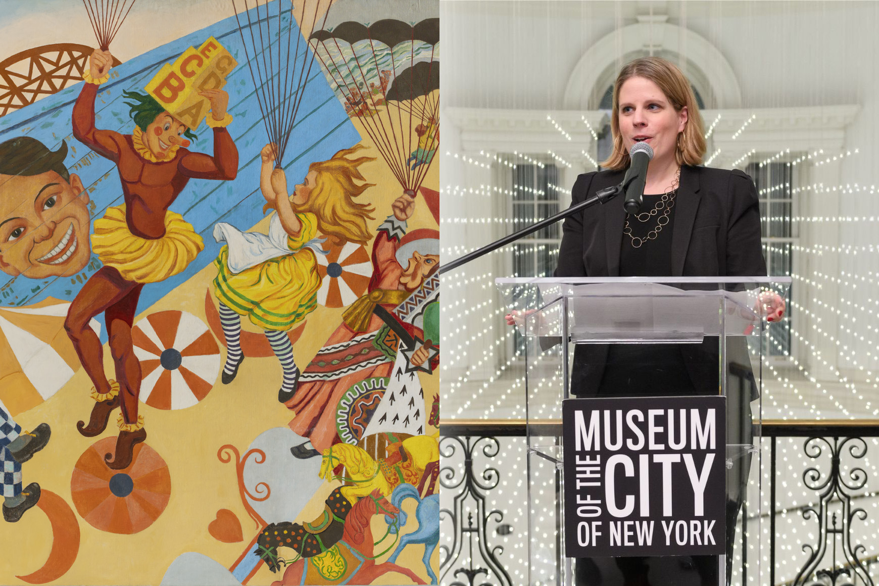 A painting of characters from Alice in Wonderland exploring Coney Island next to a portrait of Lilly Tuttle