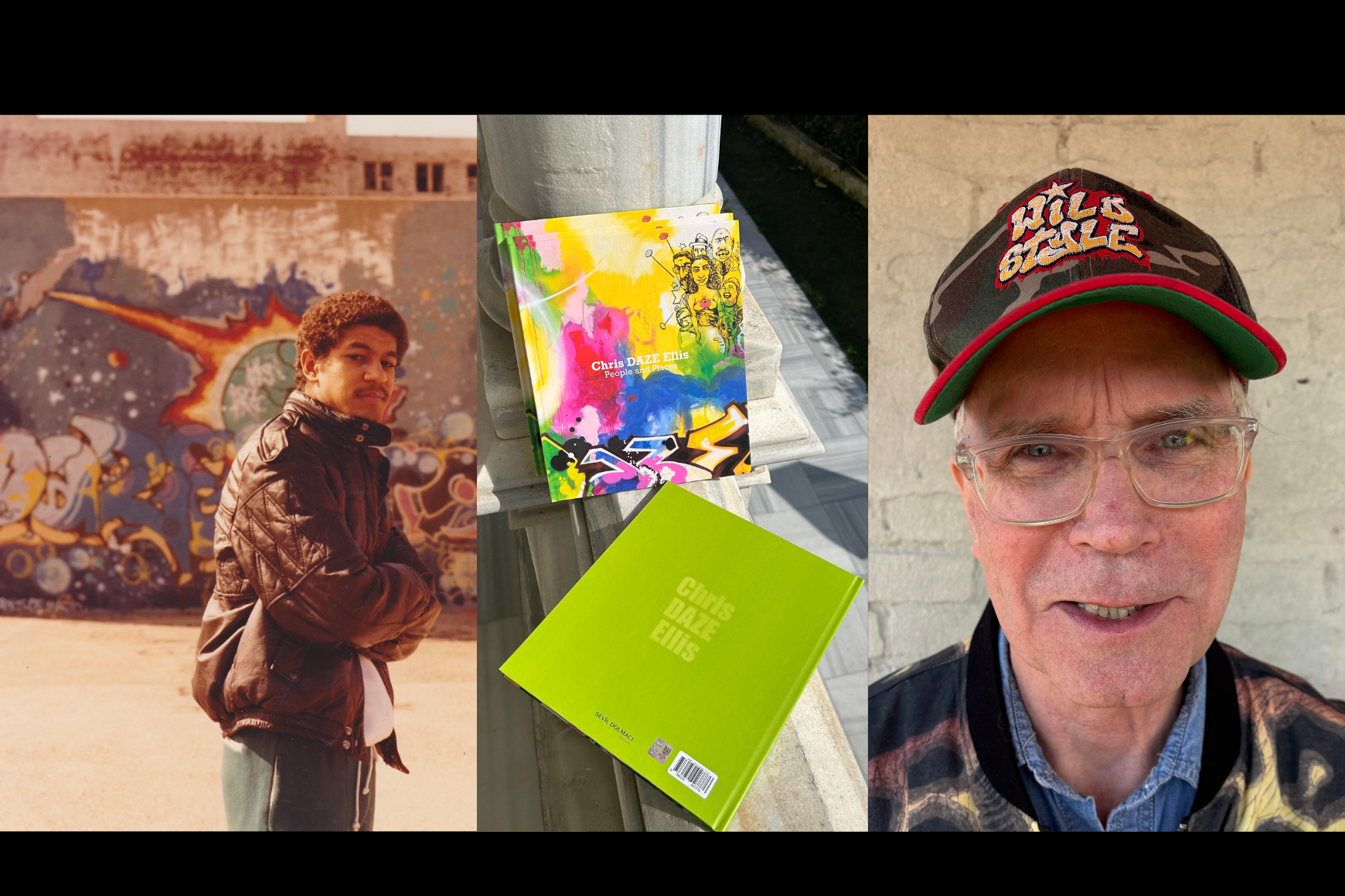 De droite à gauche : image de Chris « DAZE » Ellis ; image de la couverture et du dos du livre « People and Places » ; image de Charlie Ahearn