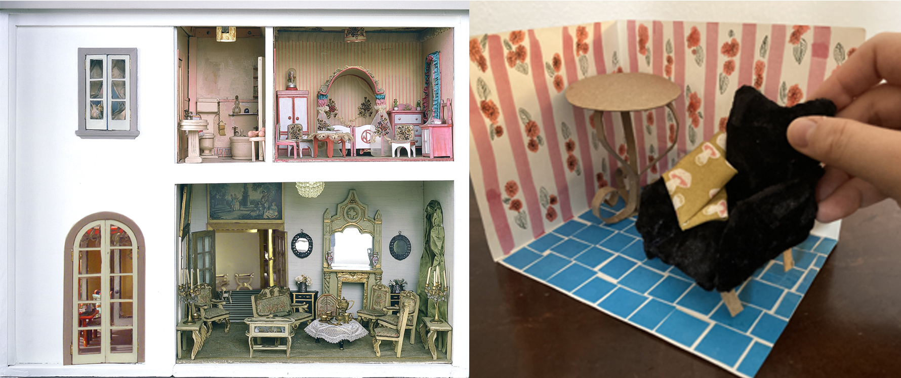 A composite image showing - Left: a photo of the colorful rooms of the Stettheimer dollhouse. Right: a tiny room and furniture made from craft materials. 