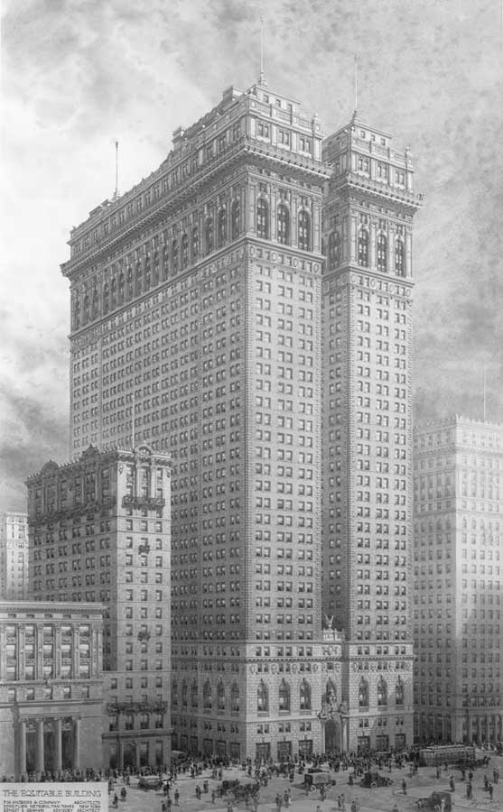 Drawing of a tall building in NYC, surrounded by smaller buildings and people and vehicles on the street