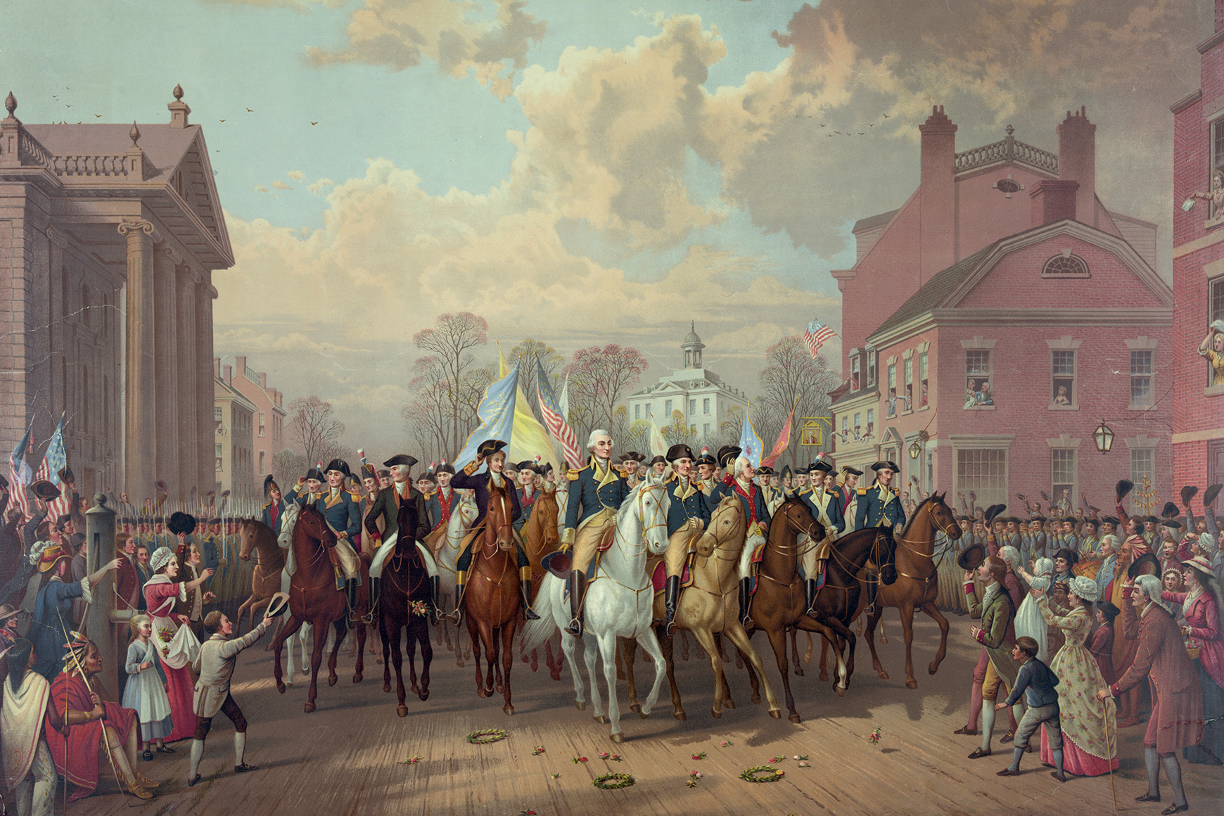 George Washington and other officers riding on horseback down a city street, with a crowd watching