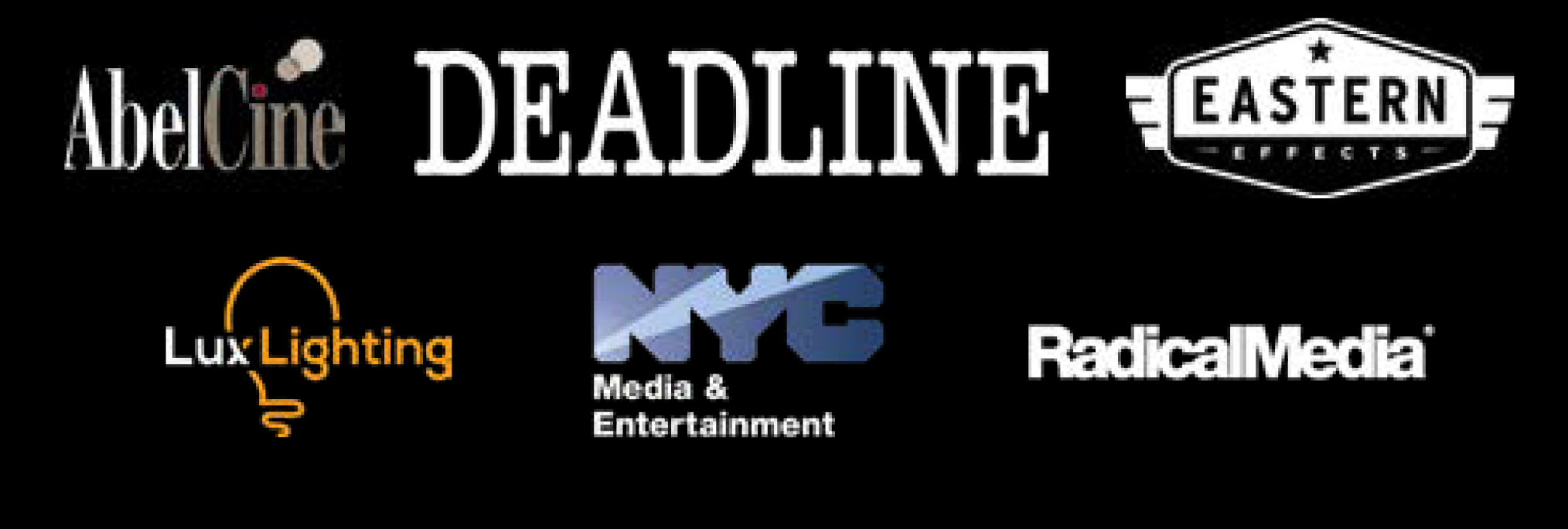 AbelCine 的标志； 最后期限; 东方效应； 勒克斯照明； 纽约市媒体与娱乐部； 和激进媒体