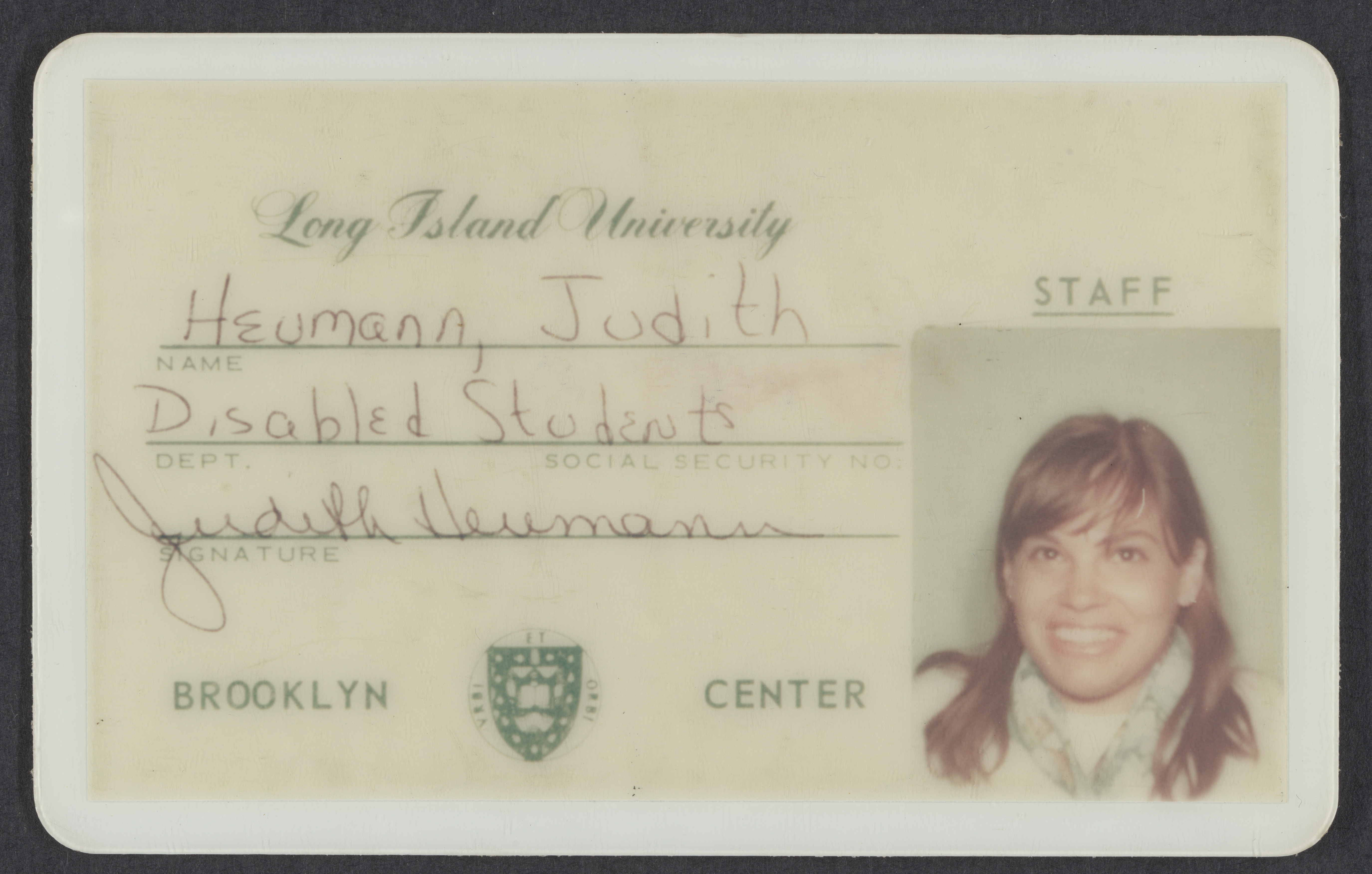 Identification card for Judy Heumann Long Island University.
