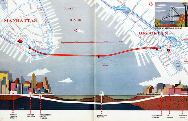 曼哈顿下城和布鲁克林红钩之间的布鲁克林电池隧道插图，显示了停车场，鼓风机大楼，地下排气大楼，通风大楼和收费站的位置。