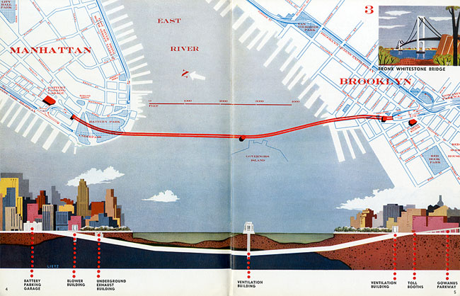 Illustration of the Brooklyn Battery Tunnel between Lower Manhattan and Red Hook, Brooklyn, showing the location of a parking garage, blower building, underground exhaust building, ventilation buildings and toll booth.