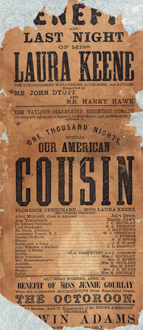 Broadside annonce la représentation de «Our American Cousin» au Ford's Theatre de Washington, DC en 1865.