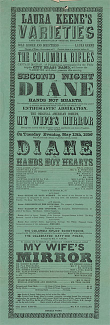 Broadside annonce la performance de «Diane; ou, Hands Not Hearts »le mardi soir 13 mai 1856 chez Laura Keene's Varieties.