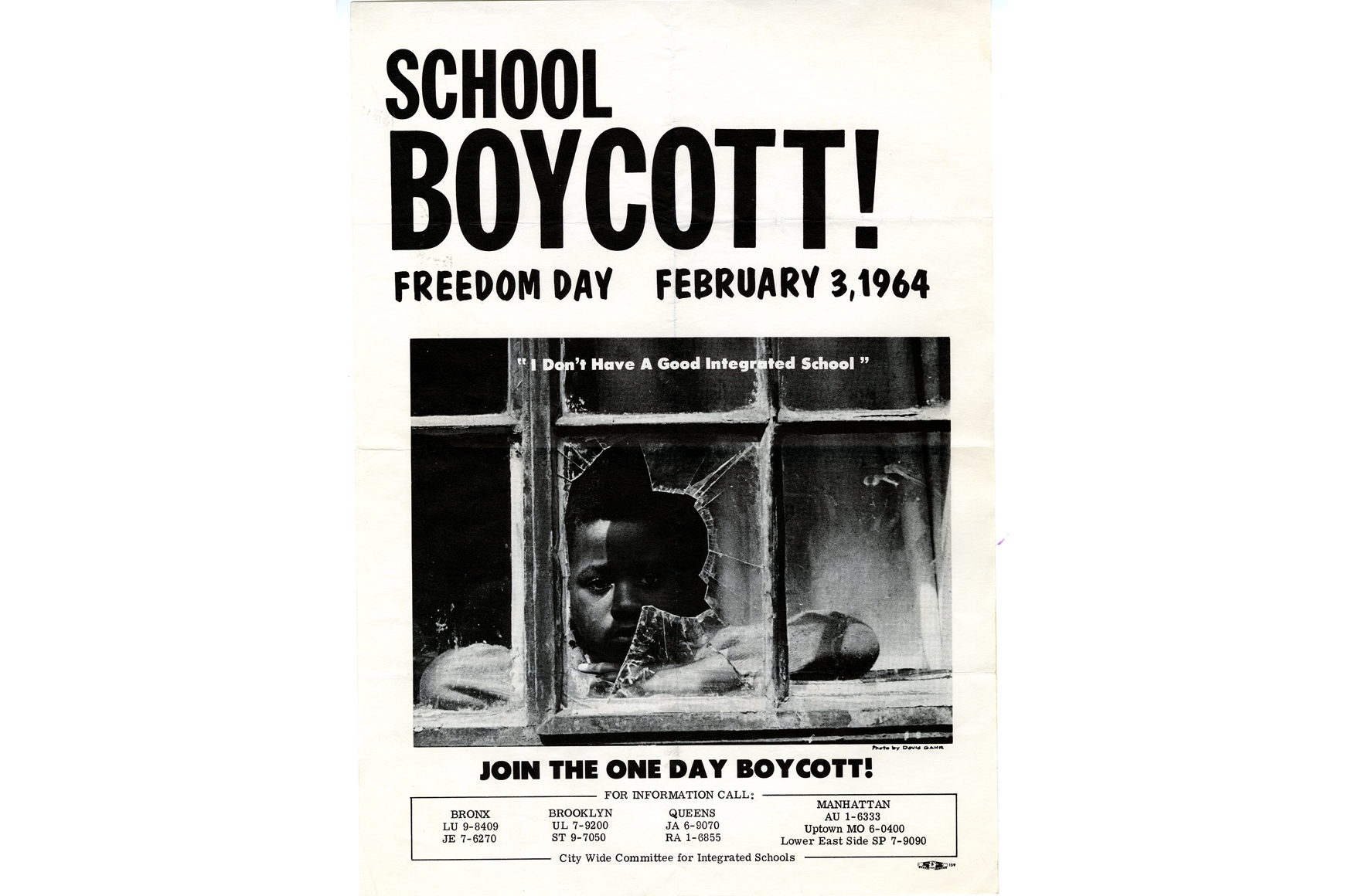 School Boycot Flyer, Image shows a young African American boy peering through a hole in a broken window of his public-school building.