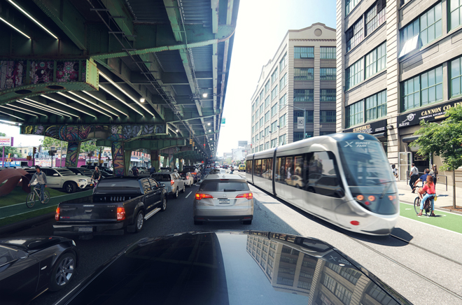 Rendering of a streetcar on a proposed line between Brooklyn and Queens