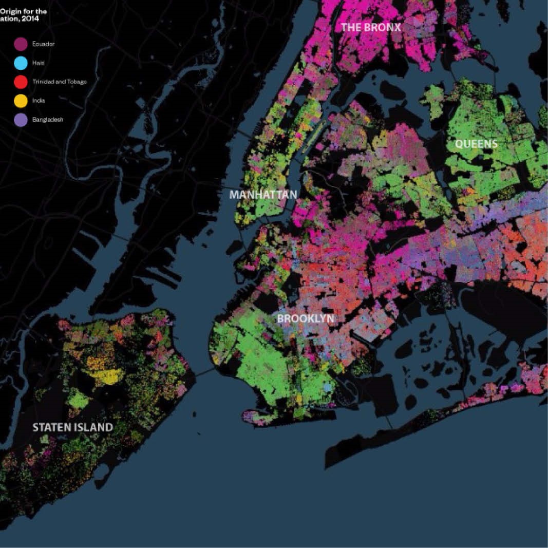 Mapa de la ciudad de Nueva York con diferentes colores que representan el origen étnico reportado en toda la ciudad.
