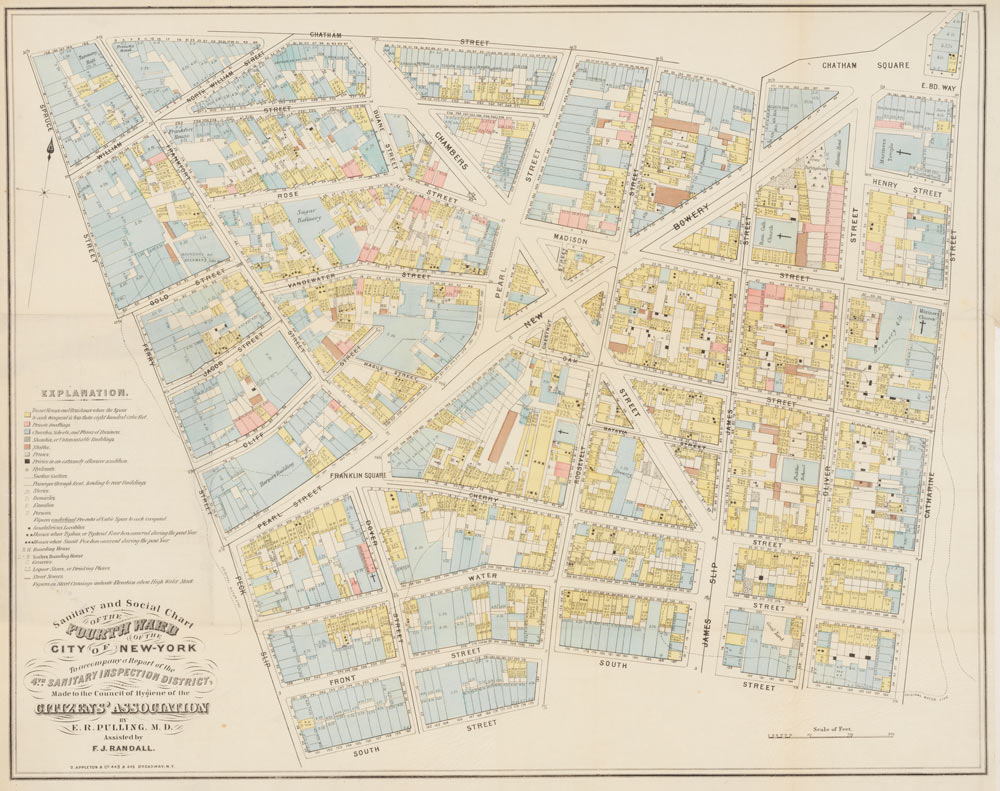 Map of lower Manhattan, with color-coding based on sanitation inspection