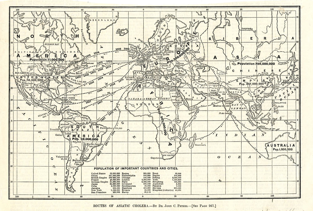 Mapa del mundo en blanco y negro, con caminos que muestran las rutas tomadas para viajar entre diferentes naciones