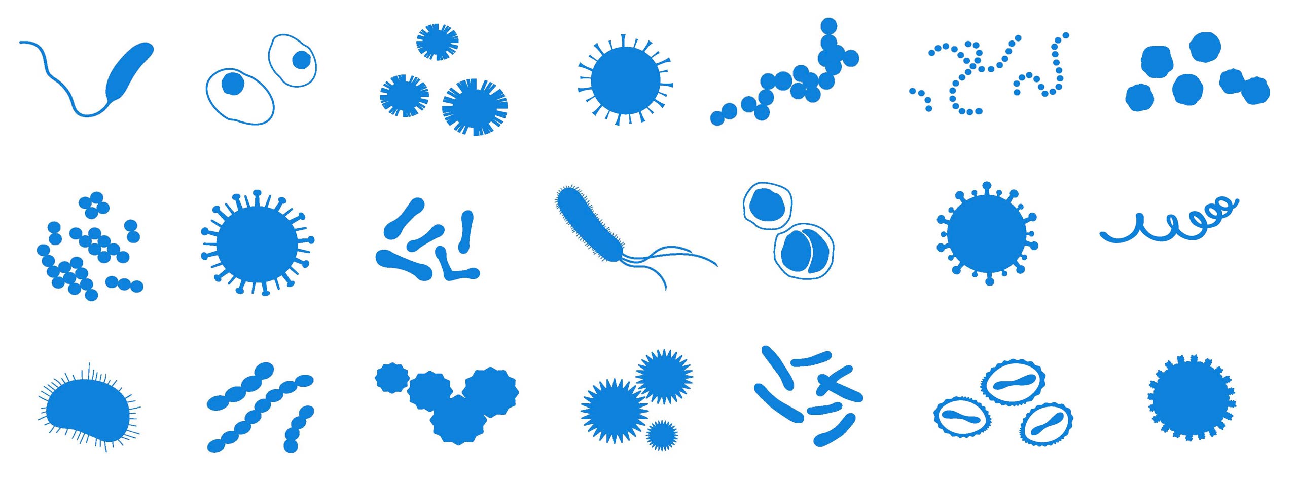White background with light blue cartoon drawings of the microbes for different diseases