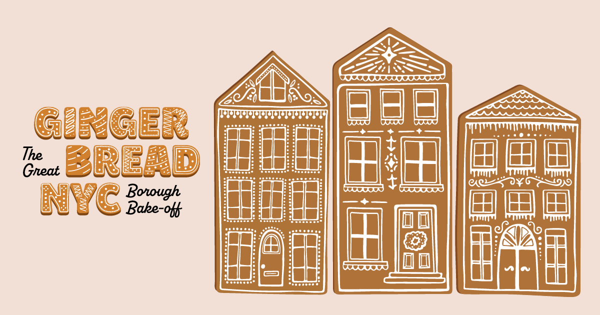 Un gráfico con las palabras "Gingerbread NYC The Great Borough Bake-off" a la izquierda y tres galletas de jengibre con la forma de las fachadas de los edificios de apartamentos de Nueva York a la derecha.