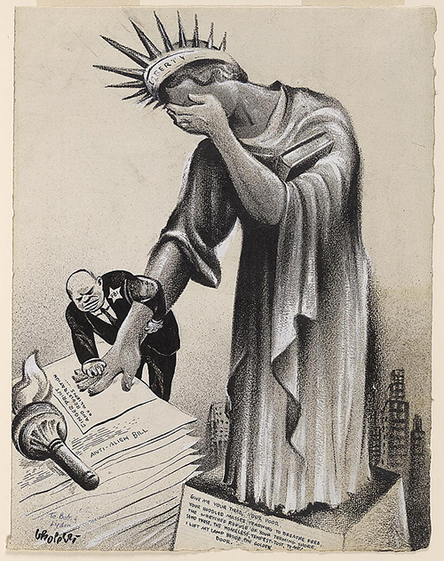 The Statue of Liberty bows her head in shame as an FBI agent records her fingerprint impressions 