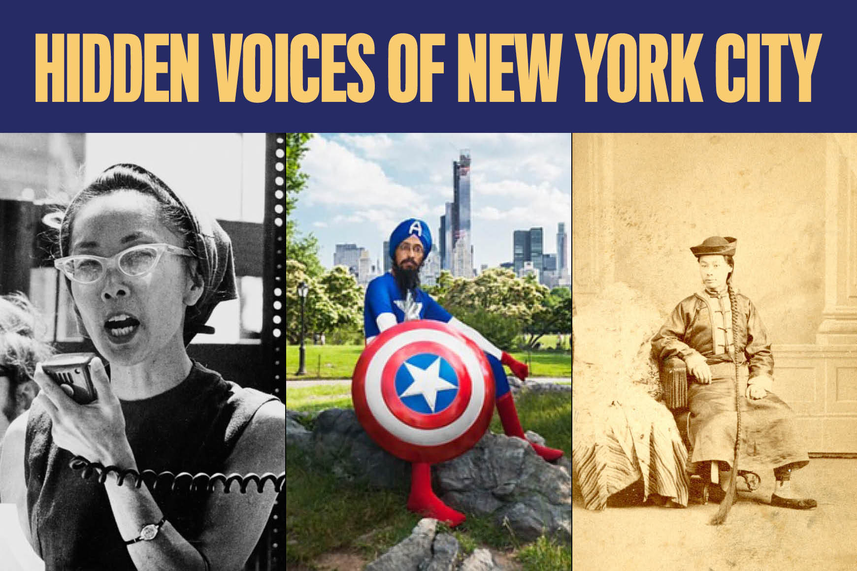 一张图片上写着“纽约市隐藏的声音”，上面有一个女人和两个男人的三个图像。